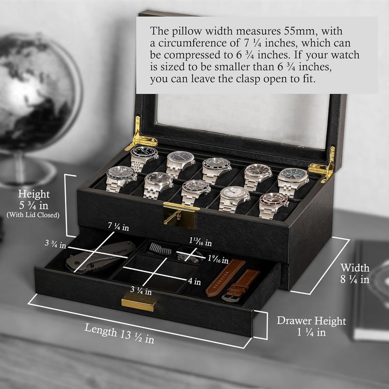 ROTHWELL 10-Slot Watch Box in Leather with Valet Drawer, Luxury Watch Case Display Organizer with Ultra Soft Microsuede Liner, Jewelry and Sunglass Holder With Large Glass top (Black/Black) - Image 2